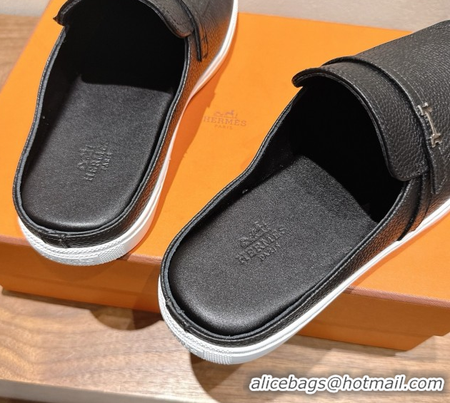 Best Grade Hermes Likely Flat Mules in Grained Calfskin with Mini H Buckle Black Upper 2025 H252805