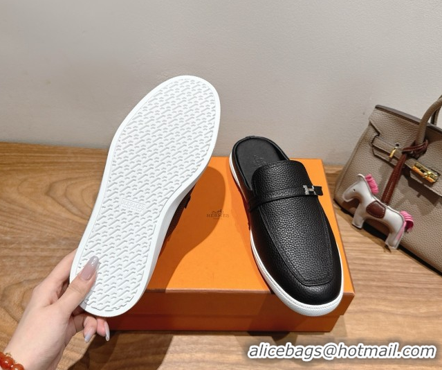 Best Grade Hermes Likely Flat Mules in Grained Calfskin with Mini H Buckle Black Upper 2025 H252805