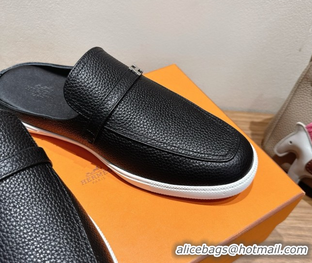 Best Grade Hermes Likely Flat Mules in Grained Calfskin with Mini H Buckle Black Upper 2025 H252805