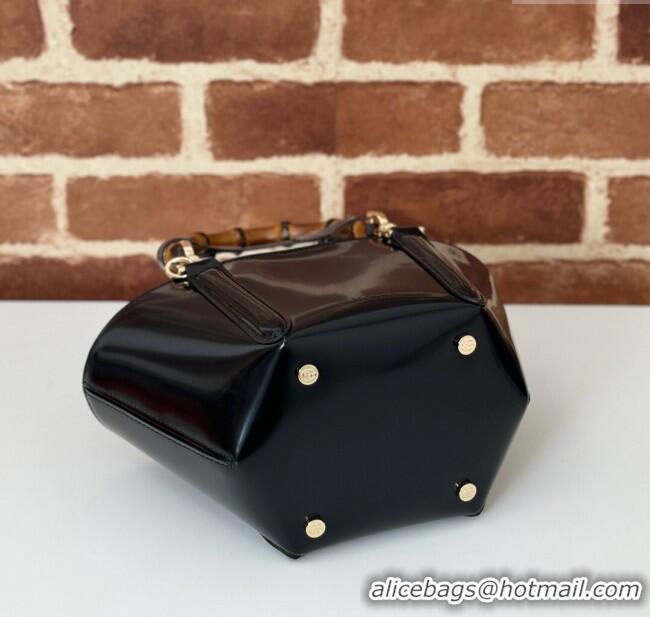 Reasonable Price Gucci Mini Bamboo Top Handle Tote Bag in Shiny Leather 805832 Black 2024