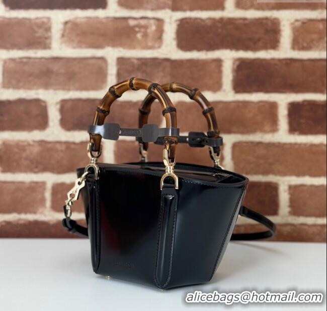 Reasonable Price Gucci Mini Bamboo Top Handle Tote Bag in Shiny Leather 805832 Black 2024