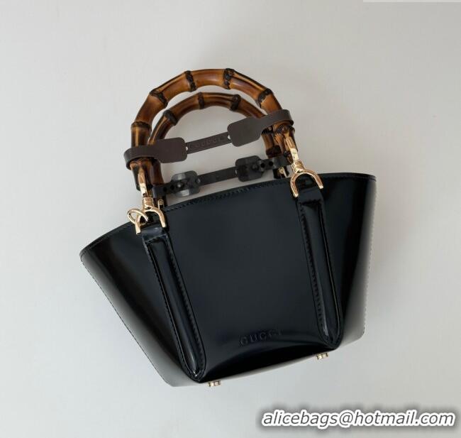 Reasonable Price Gucci Mini Bamboo Top Handle Tote Bag in Shiny Leather 805832 Black 2024