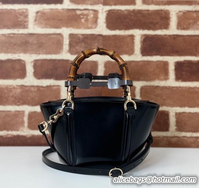 Reasonable Price Gucci Mini Bamboo Top Handle Tote Bag in Shiny Leather 805832 Black 2024