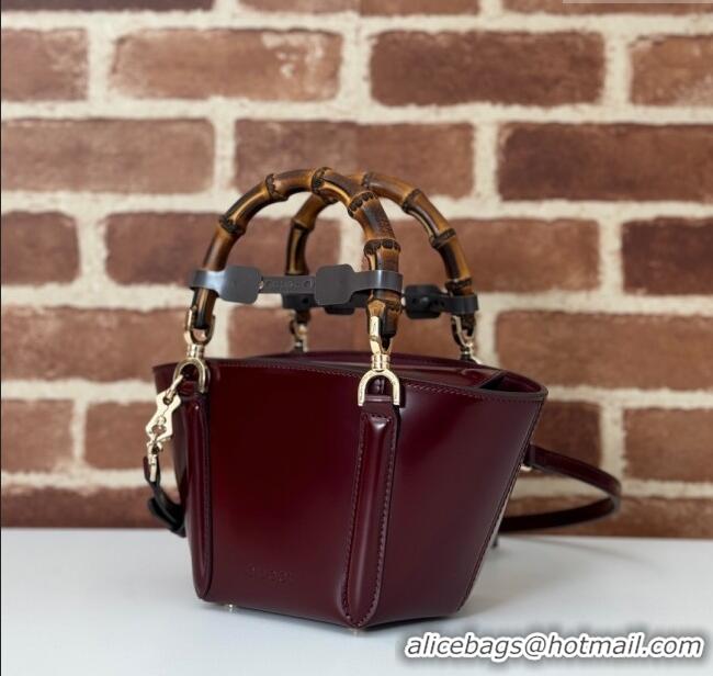 Luxury Cheap Gucci Mini Bamboo Top Handle Tote Bag in Shiny Leather 805832 Ancora Red 2024