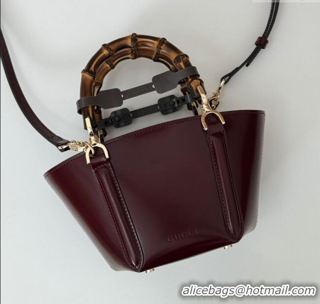 Luxury Cheap Gucci Mini Bamboo Top Handle Tote Bag in Shiny Leather 805832 Ancora Red 2024