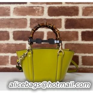 Luxurious Gucci Mini Bamboo Top Handle Tote Bag in Shiny Leather 805832 Pistacchio Green 2024
