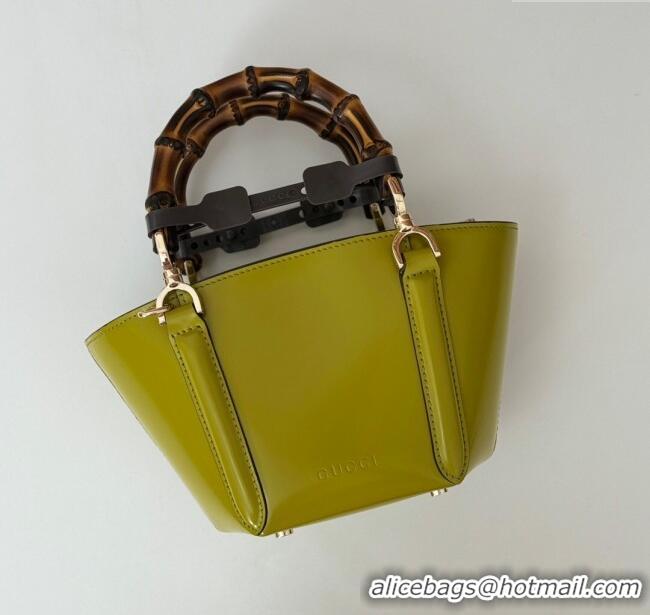 Luxurious Gucci Mini Bamboo Top Handle Tote Bag in Shiny Leather 805832 Pistacchio Green 2024