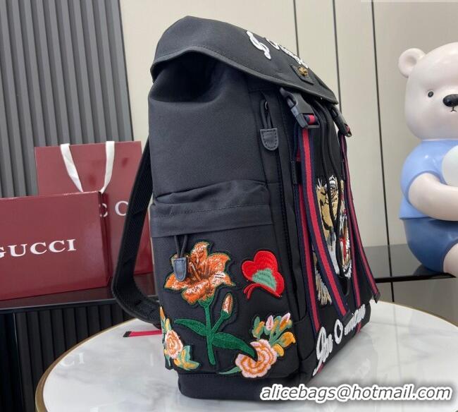 Famous Brand Gucci Black Canvas Backpack Bag with Tiger and Flora Detail 429037 2024