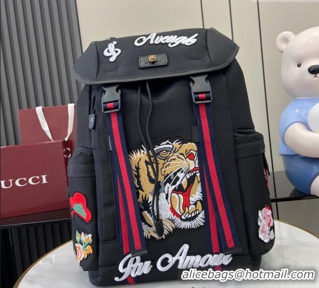 Famous Brand Gucci Black Canvas Backpack Bag with Tiger and Flora Detail 429037 2024
