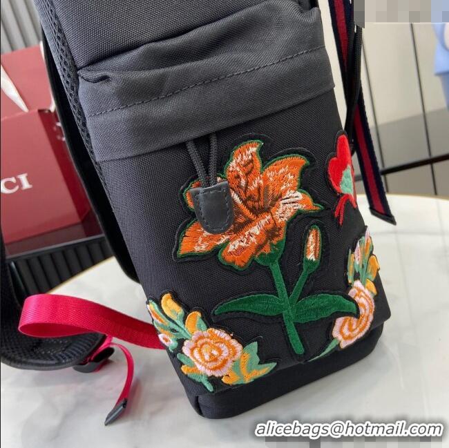 Famous Brand Gucci Black Canvas Backpack Bag with Tiger and Flora Detail 429037 2024
