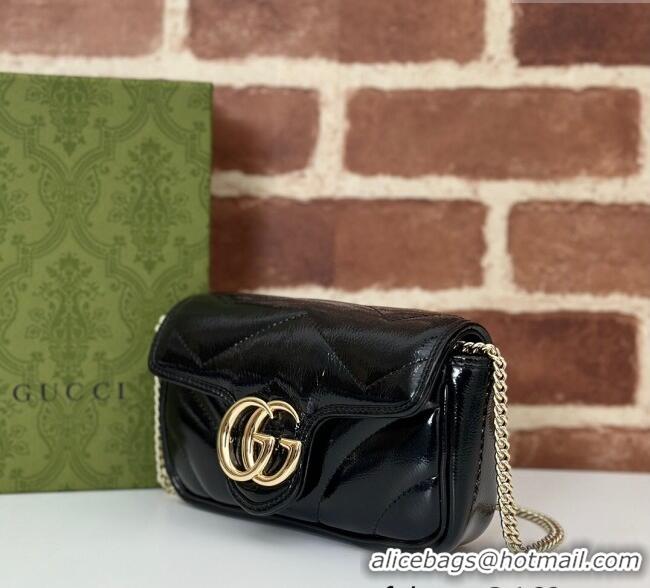 New Design Gucci GG Marmont Patent Chevron Leather Super Mini Bag ‎476433 Black 2024