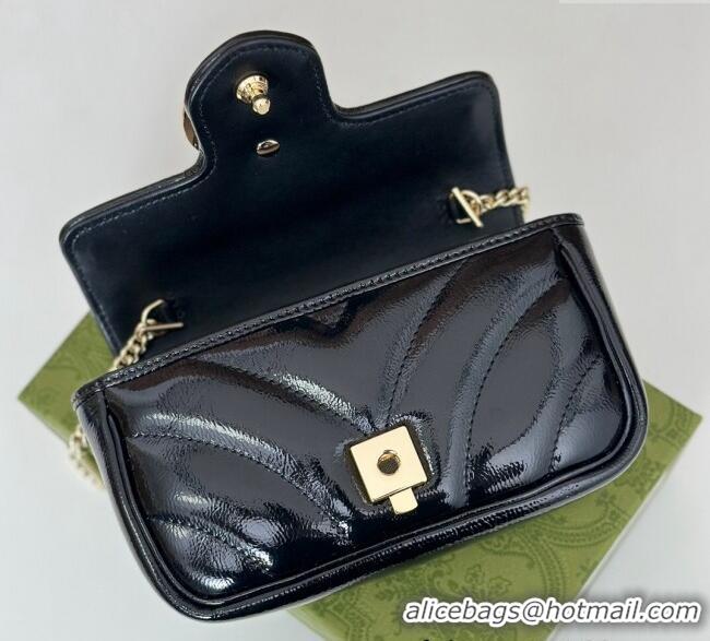 New Design Gucci GG Marmont Patent Chevron Leather Super Mini Bag ‎476433 Black 2024