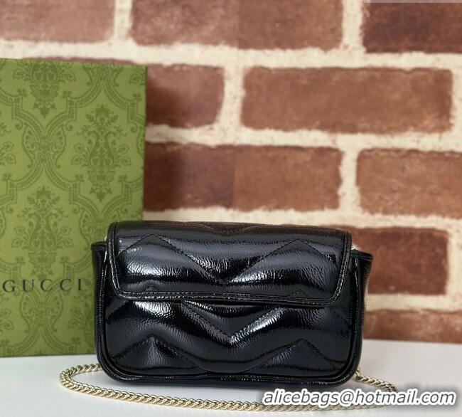 New Design Gucci GG Marmont Patent Chevron Leather Super Mini Bag ‎476433 Black 2024
