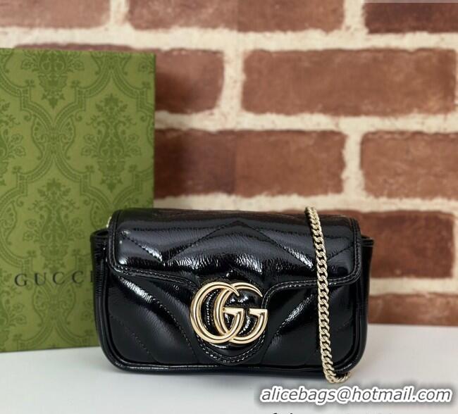 New Design Gucci GG Marmont Patent Chevron Leather Super Mini Bag ‎476433 Black 2024