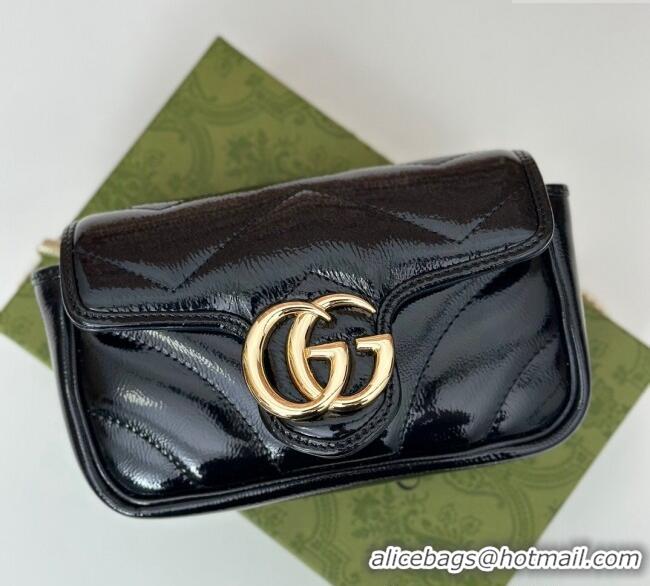 New Design Gucci GG Marmont Patent Chevron Leather Super Mini Bag ‎476433 Black 2024