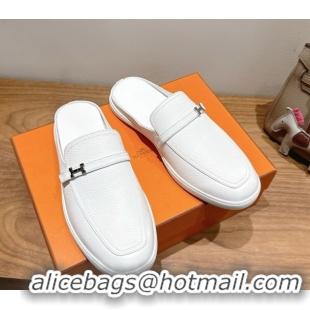 Unique Style Hermes Likely Flat Mules in Grained Calfskin with Mini H Buckle White 2025 H252805