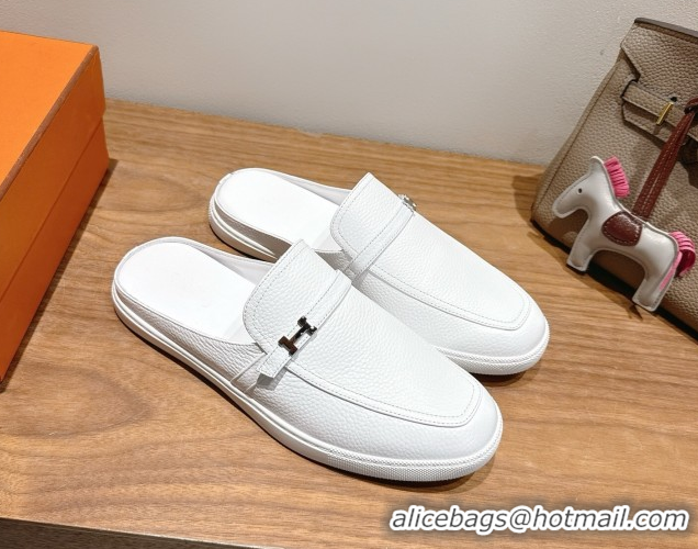 Unique Style Hermes Likely Flat Mules in Grained Calfskin with Mini H Buckle White 2025 H252805