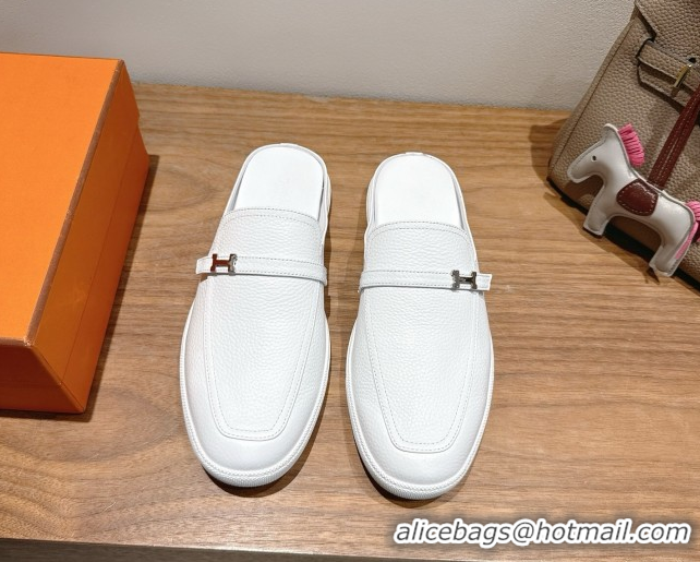 Unique Style Hermes Likely Flat Mules in Grained Calfskin with Mini H Buckle White 2025 H252805