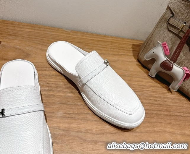 Unique Style Hermes Likely Flat Mules in Grained Calfskin with Mini H Buckle White 2025 H252805