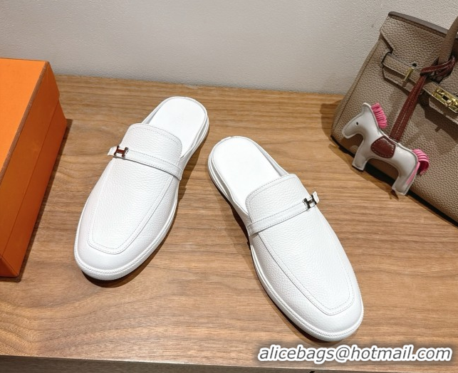 Unique Style Hermes Likely Flat Mules in Grained Calfskin with Mini H Buckle White 2025 H252805