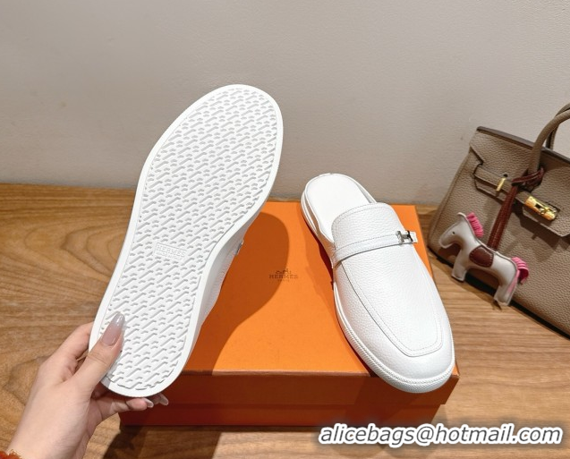 Unique Style Hermes Likely Flat Mules in Grained Calfskin with Mini H Buckle White 2025 H252805