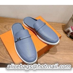 Top Grade Hermes Likely Flat Mules in Grained Calfskin with Mini H Buckle Blue 2025 H252805