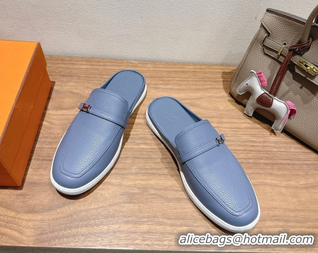 Top Grade Hermes Likely Flat Mules in Grained Calfskin with Mini H Buckle Blue 2025 H252805