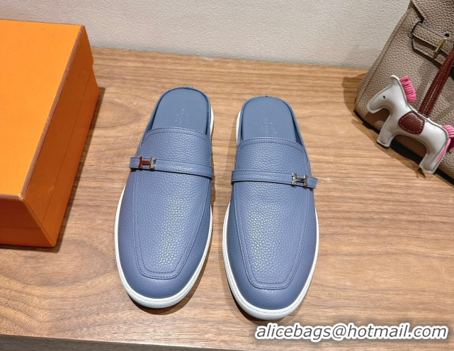 Top Grade Hermes Likely Flat Mules in Grained Calfskin with Mini H Buckle Blue 2025 H252805