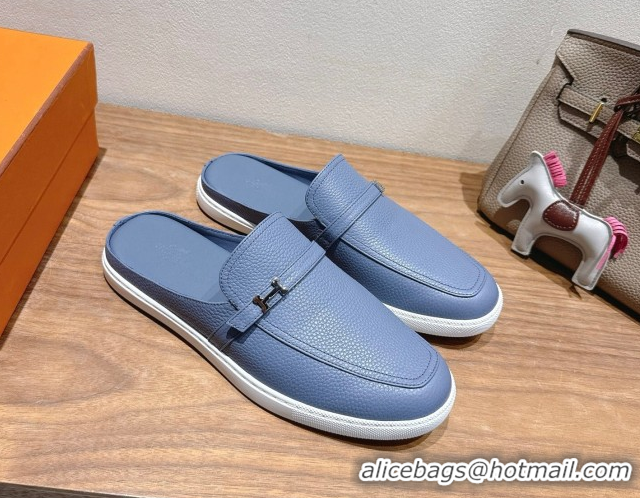 Top Grade Hermes Likely Flat Mules in Grained Calfskin with Mini H Buckle Blue 2025 H252805