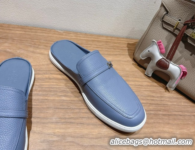 Top Grade Hermes Likely Flat Mules in Grained Calfskin with Mini H Buckle Blue 2025 H252805