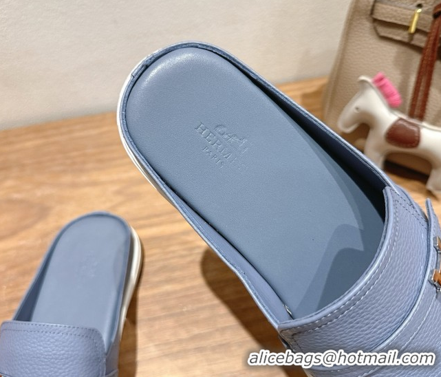 Top Grade Hermes Likely Flat Mules in Grained Calfskin with Mini H Buckle Blue 2025 H252805