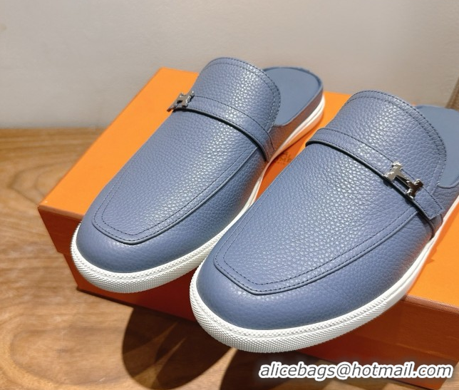 Top Grade Hermes Likely Flat Mules in Grained Calfskin with Mini H Buckle Blue 2025 H252805