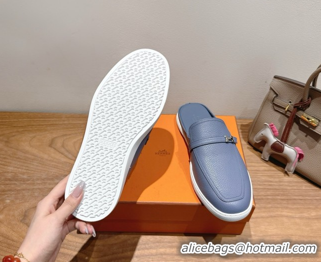 Top Grade Hermes Likely Flat Mules in Grained Calfskin with Mini H Buckle Blue 2025 H252805