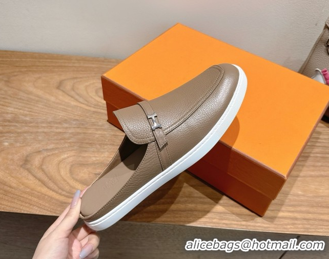 Sumptuous Hermes Likely Flat Mules in Grained Calfskin with Mini H Buckle Grey 2025 H252805