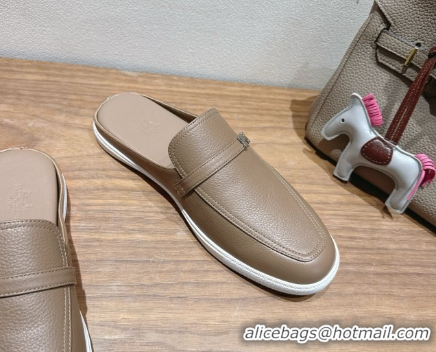 Sumptuous Hermes Likely Flat Mules in Grained Calfskin with Mini H Buckle Grey 2025 H252805