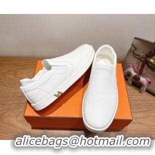 Grade Hermes Lucky slip-on sneakers in Grained Calfskin with with signature "H" White 2025 H252894