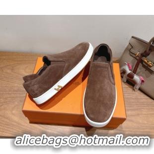 Good Product Hermes Lucky slip-on sneakers in Suede with with signature "H" Dark Brown 2025 H252894