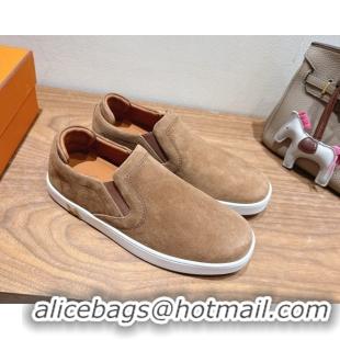 Trendy Design Hermes Lucky slip-on sneakers in Suede with with signature "H" Light Brown 2025 H252894