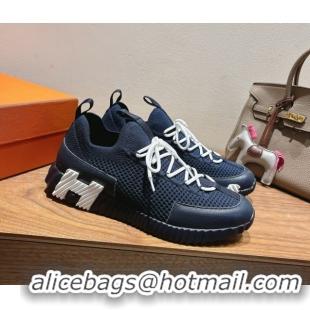 Grade Quality Hermes Lift slip-on sneakers in in knit and grained calfskin Navy Blue 2025 H252003