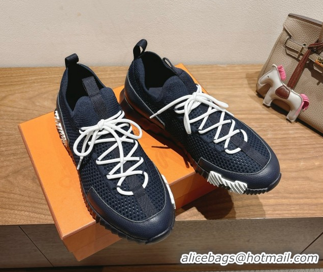Grade Quality Hermes Lift slip-on sneakers in in knit and grained calfskin Navy Blue 2025 H252003