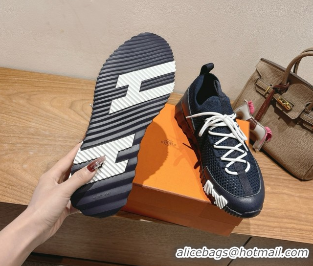 Grade Quality Hermes Lift slip-on sneakers in in knit and grained calfskin Navy Blue 2025 H252003