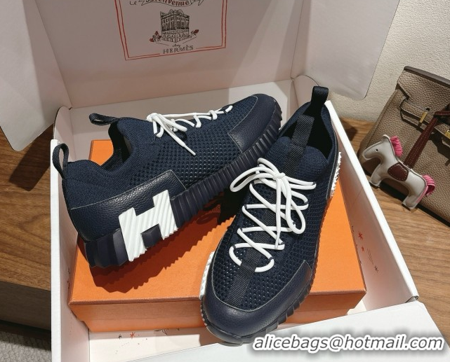 Grade Quality Hermes Lift slip-on sneakers in in knit and grained calfskin Navy Blue 2025 H252003