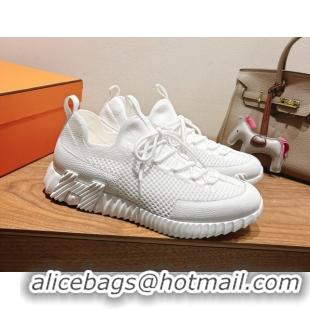 Modern Hermes Lift slip-on sneakers in in knit and grained calfskin All White 2025 H252003