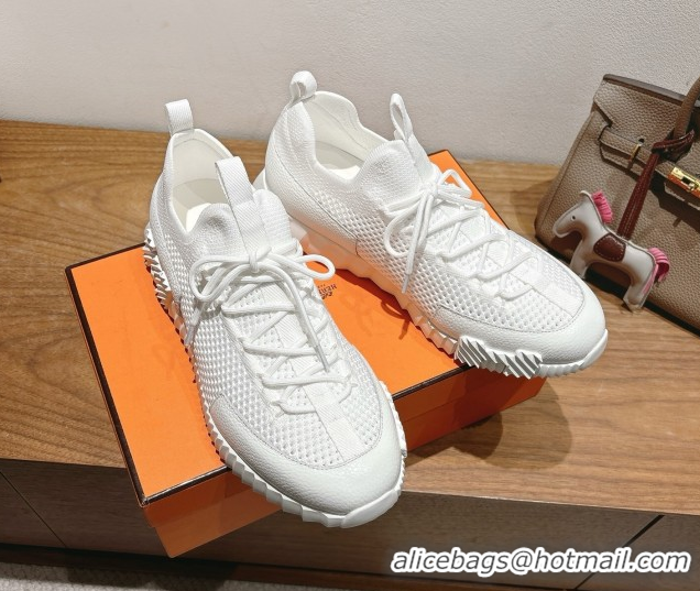 Modern Hermes Lift slip-on sneakers in in knit and grained calfskin All White 2025 H252003