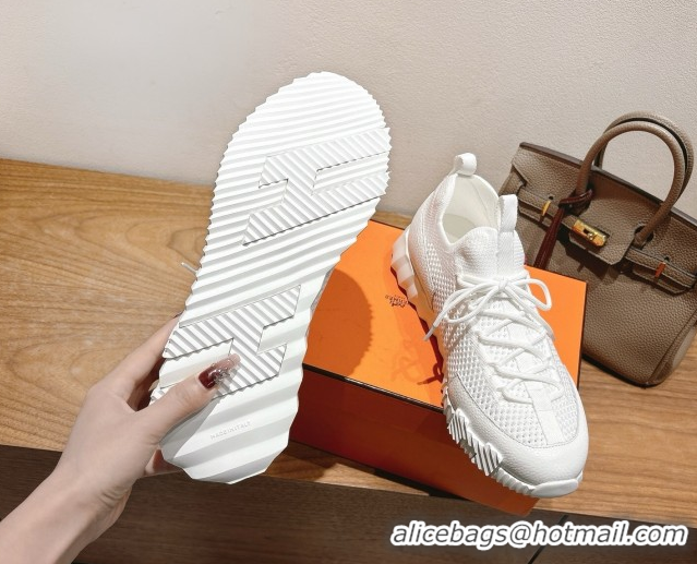 Modern Hermes Lift slip-on sneakers in in knit and grained calfskin All White 2025 H252003