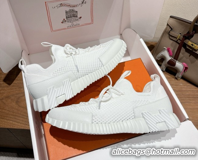 Modern Hermes Lift slip-on sneakers in in knit and grained calfskin All White 2025 H252003