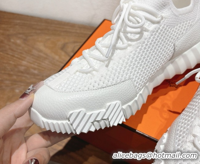 Modern Hermes Lift slip-on sneakers in in knit and grained calfskin All White 2025 H252003