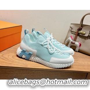 Sumptuous Hermes Lift slip-on sneakers in in knit and grained calfskin Light Blue 2025 H252003