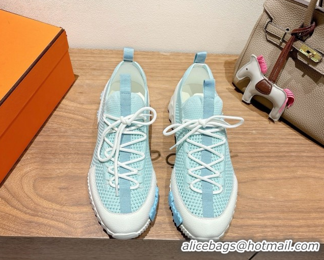 Sumptuous Hermes Lift slip-on sneakers in in knit and grained calfskin Light Blue 2025 H252003