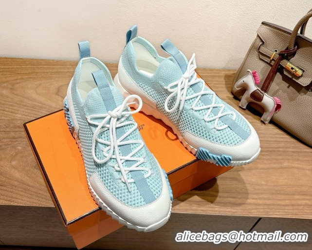 Sumptuous Hermes Lift slip-on sneakers in in knit and grained calfskin Light Blue 2025 H252003